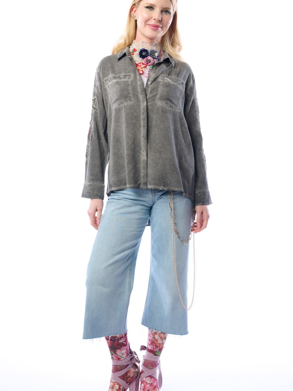 Aratta Kate Shirt Washed Gray Button-Up Shirt with Subtle Distressing